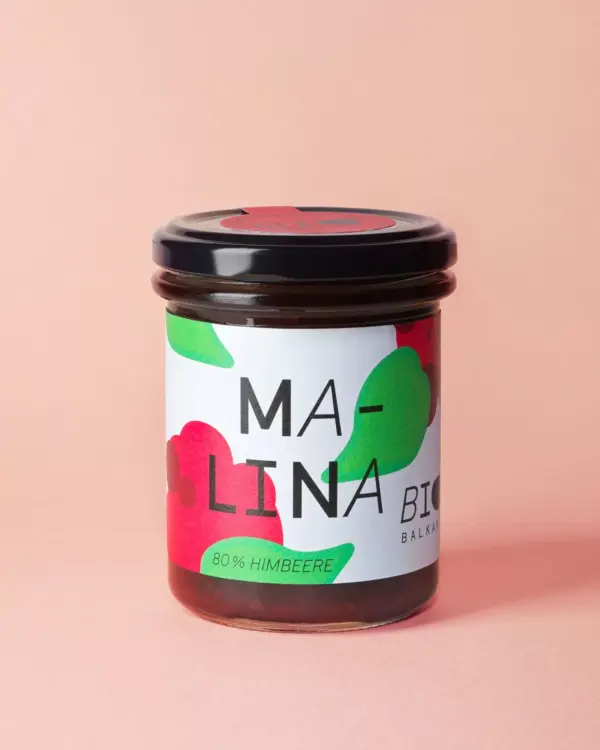 Bio Malina, ein Fruchtaufstrich aus Himbeeren, im 230 Gramm Glas von BioBalkan